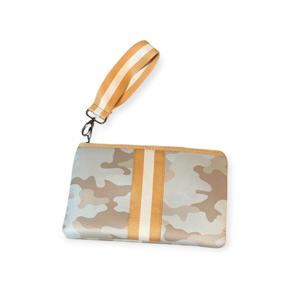 Vita Goods Co Camo Neoprene Wristlet Pouch Tan Yellow Striped Travel Clutch Bag
